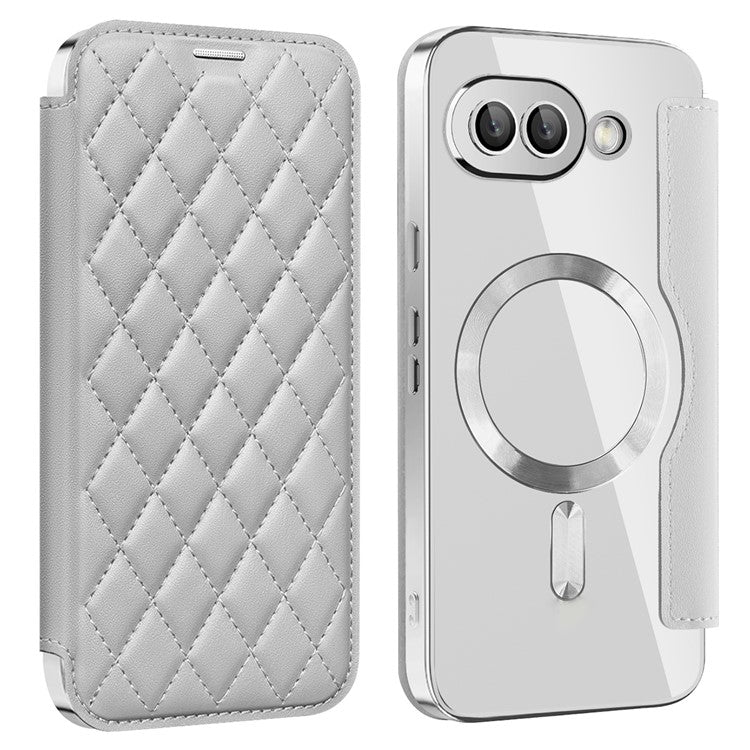 For Google Pixel 9a Case Compatible with MagSafe Rhombus PU Leather Phone Cover - Titanium Grey