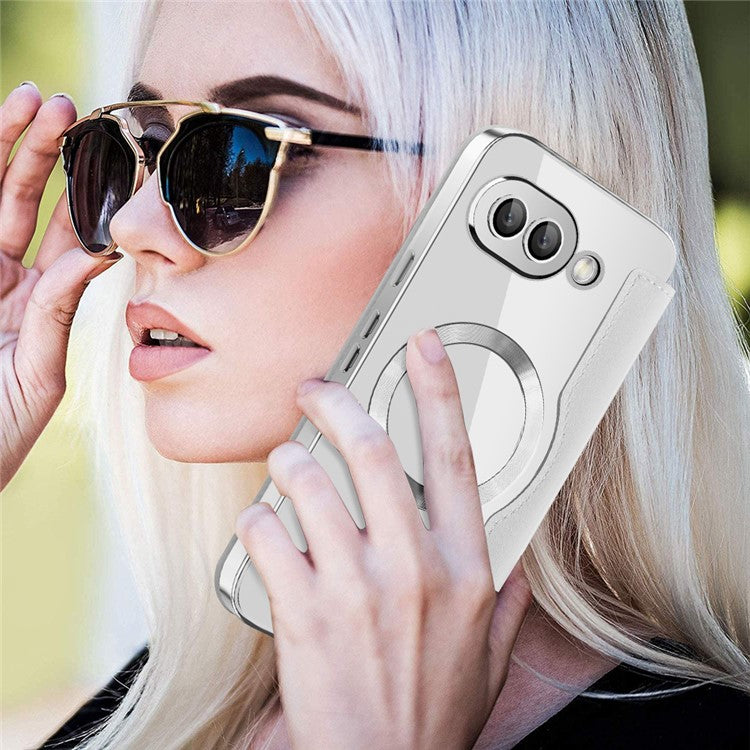 For Google Pixel 9a Case Compatible with MagSafe Rhombus PU Leather Phone Cover - Titanium Grey