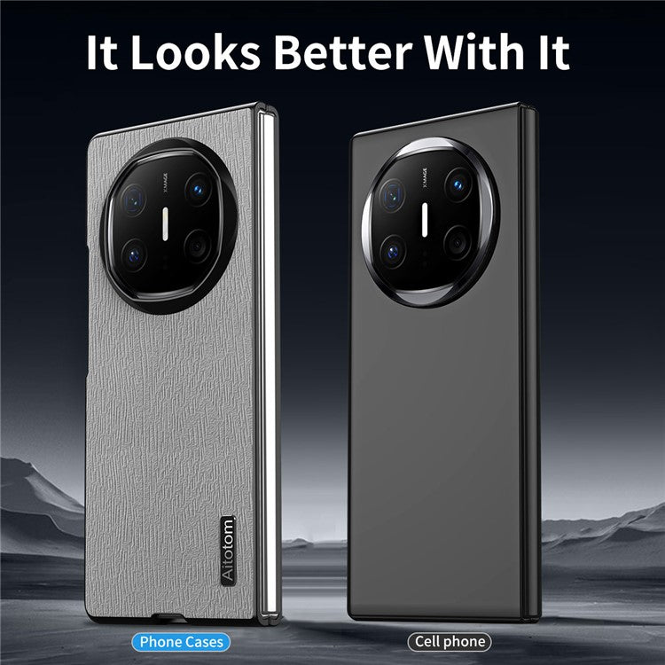 For Huawei Mate X6 Case Wood Texture PU Leather Coated PC TPU Phone Cover - Grey