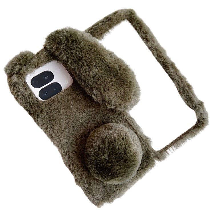 For Google Pixel 9 Pro Fold 5G Case Bunny Ears Winter Plush Soft TPU Phone Cover - Dark Brown
