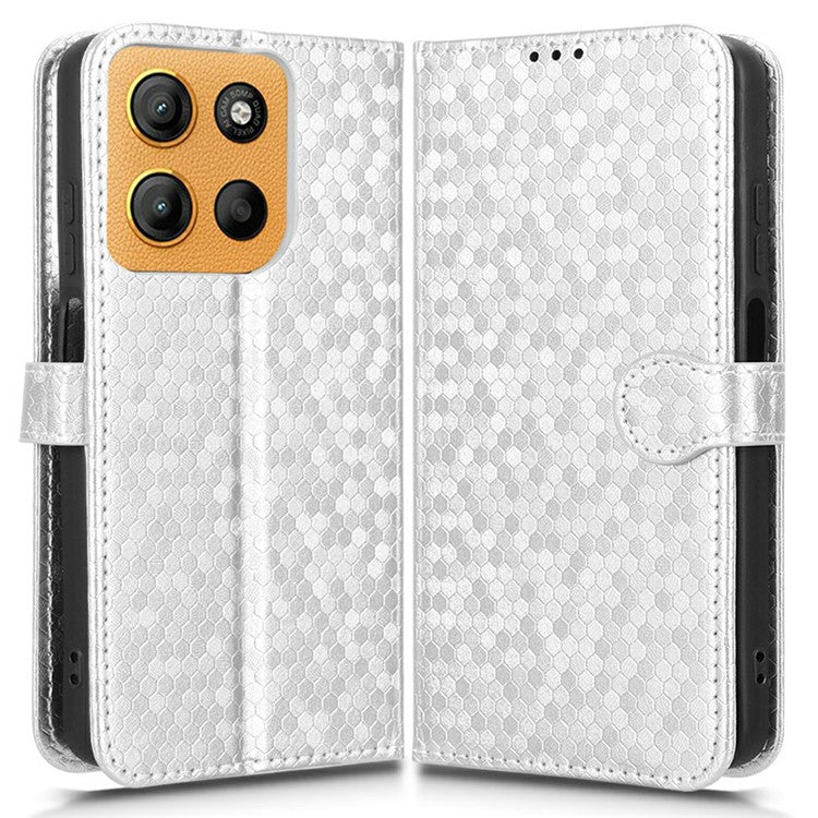 For Motorola Moto G15 4G / G15 Power 4G Wallet Case Dot Pattern Imprint PU Leather Phone Cover - Silver