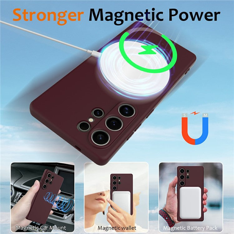 For Samsung Galaxy S25 Ultra Case Compatible with MagSafe Liquid Silicone Phone Cover with Lanyard - Wine Red