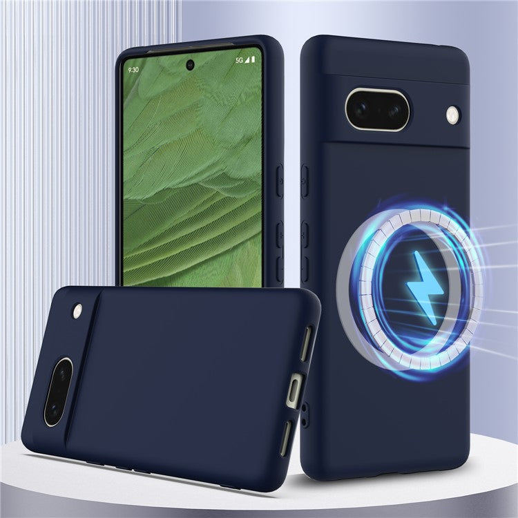 For Google Pixel 7a Case Compatible with MagSafe Liquid Silicone Phone Cover with Lanyard - Dark Blue