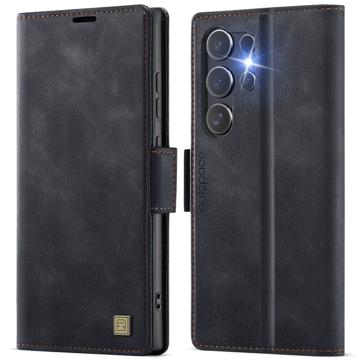 For Samsung Galaxy S25 Ultra Case AUTSPACE A11 RFID Blocking Retro Leather Cell Phone Wallet Cover - Black