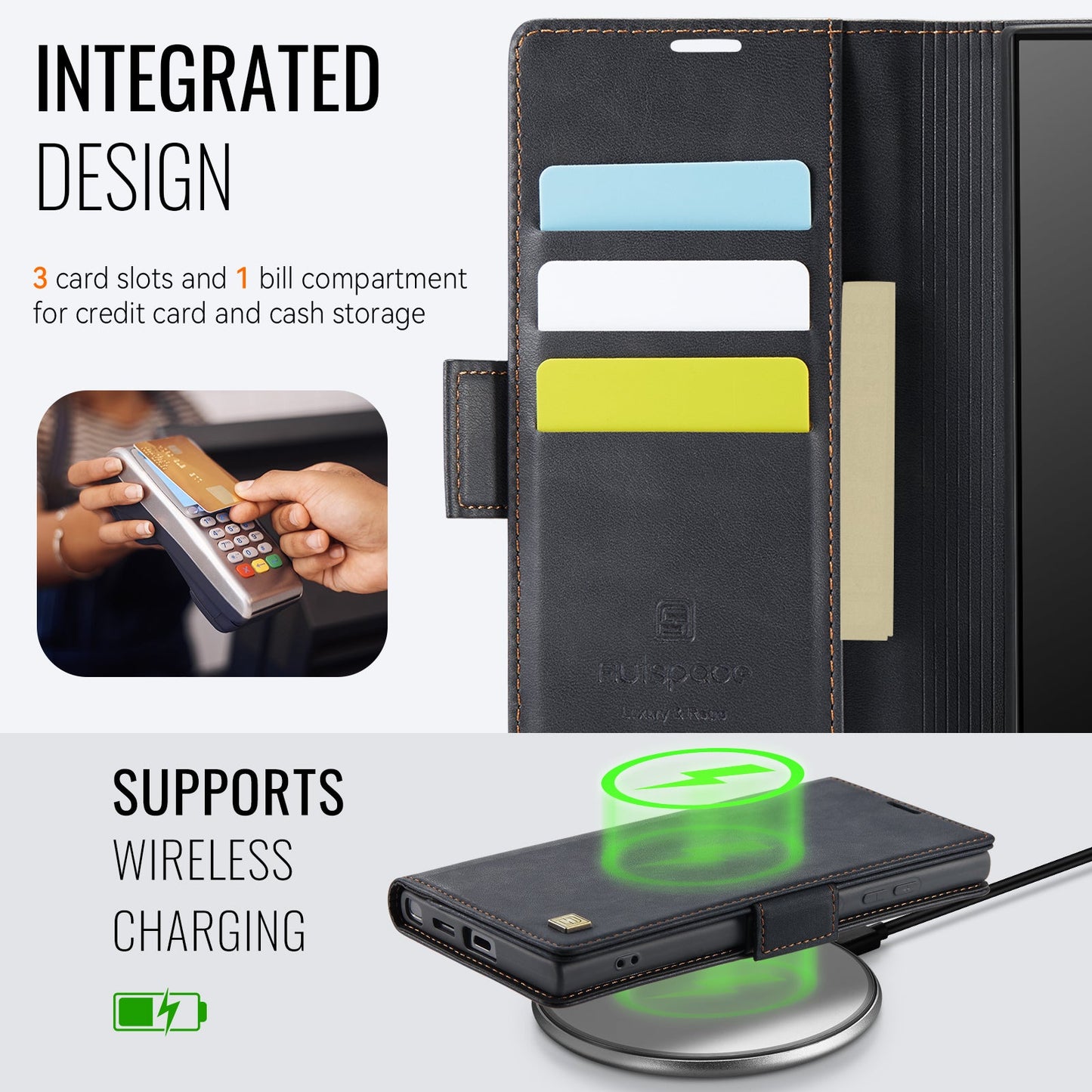 For Samsung Galaxy S25 Ultra Case AUTSPACE A11 RFID Blocking Retro Leather Cell Phone Wallet Cover - Black
