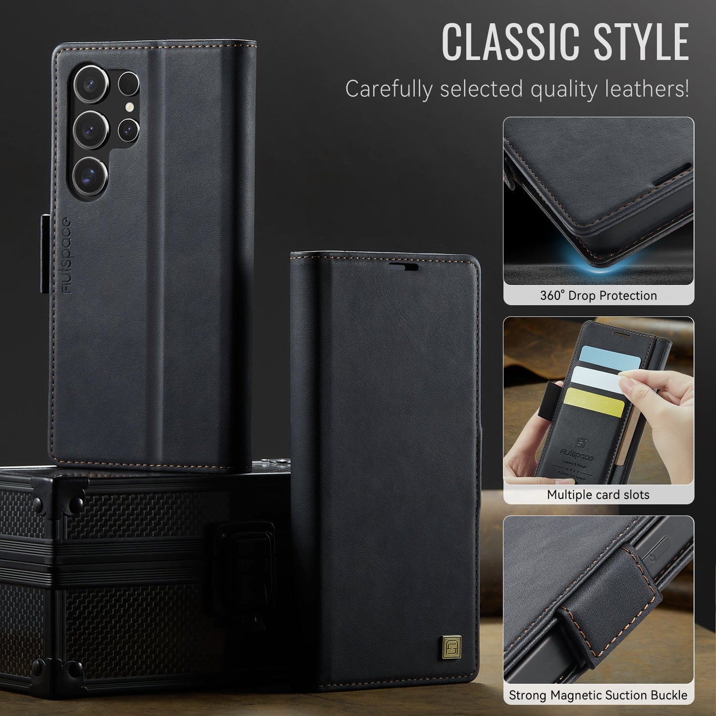 For Samsung Galaxy S25 Ultra Case AUTSPACE A11 RFID Blocking Retro Leather Cell Phone Wallet Cover - Black