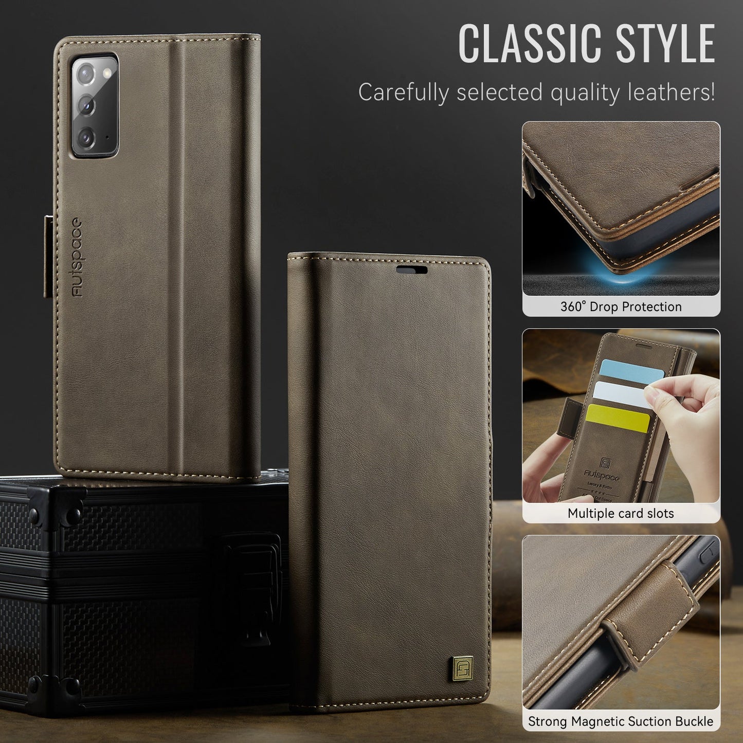 For Samsung Galaxy Note20 5G Case AUTSPACE A11 RFID Blocking Retro Leather Cell Phone Wallet Cover - Brown