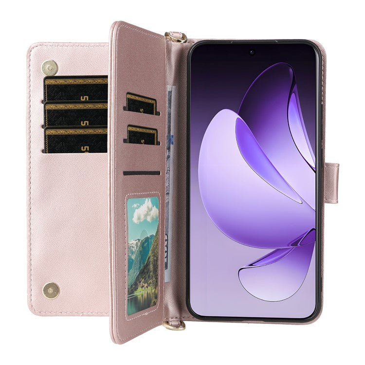 For Oppo Reno13 Pro 5G Wallet Case with Shoulder / Wrist Strap Leather Phone Cover Stand - Pink