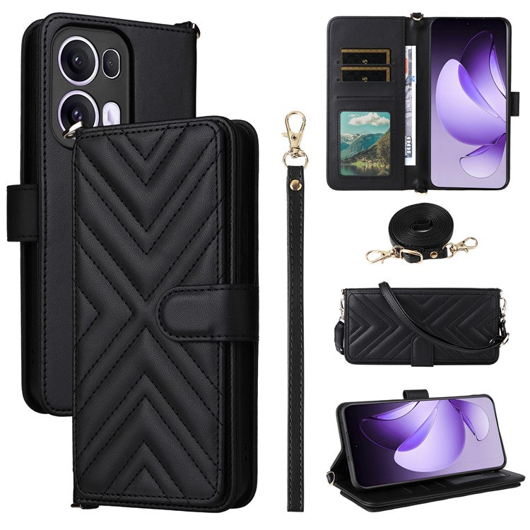 For Oppo Reno13 Pro 5G Wallet Case with Shoulder / Wrist Strap Leather Phone Cover Stand - Black