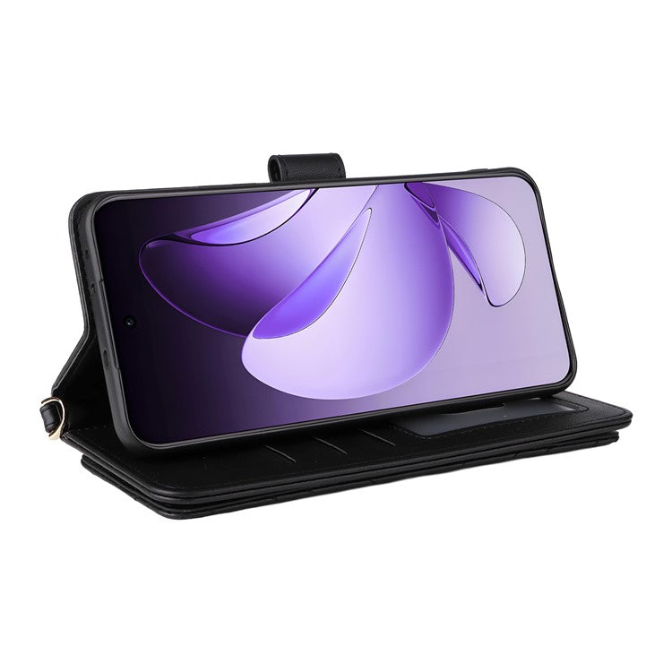 For Oppo Reno13 Pro 5G Wallet Case with Shoulder / Wrist Strap Leather Phone Cover Stand - Black