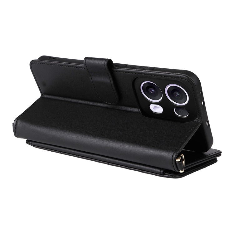 For Oppo Reno13 Pro 5G Wallet Case with Shoulder / Wrist Strap Leather Phone Cover Stand - Black