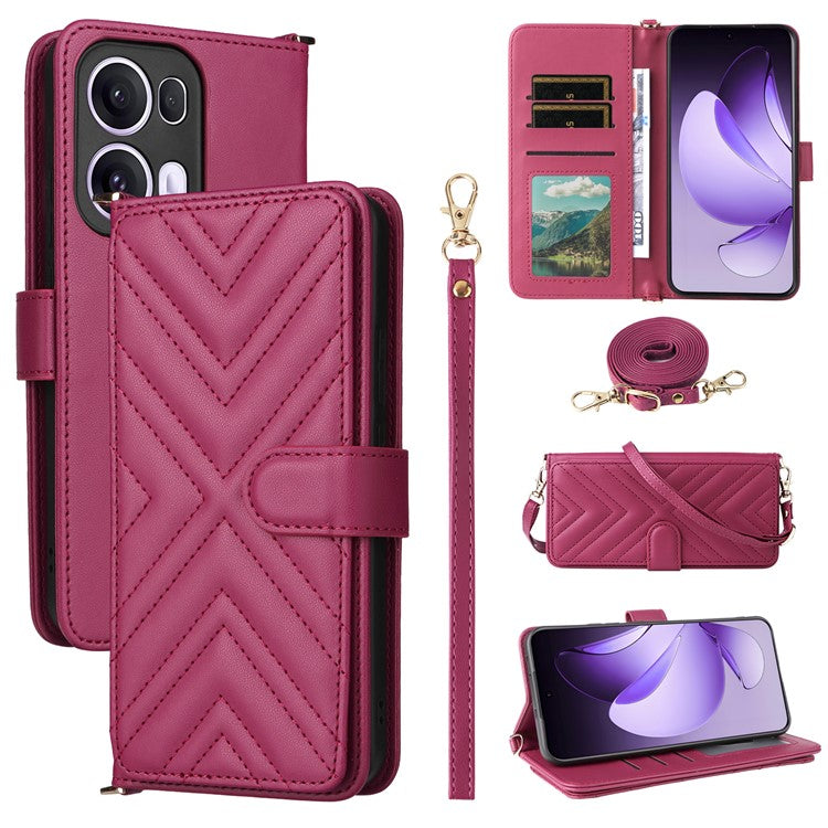 For Oppo Reno13 Pro 5G Wallet Case with Shoulder / Wrist Strap Leather Phone Cover Stand - Rose