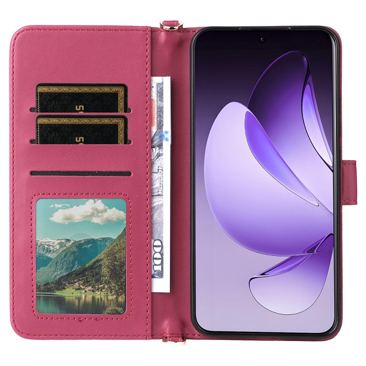 For Oppo Reno13 Pro 5G Wallet Case with Shoulder / Wrist Strap Leather Phone Cover Stand - Rose