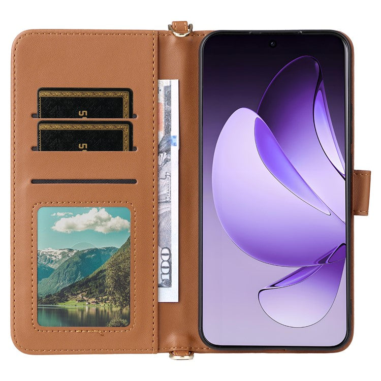 For Oppo Reno13 Pro 5G Wallet Case with Shoulder / Wrist Strap Leather Phone Cover Stand - Brown