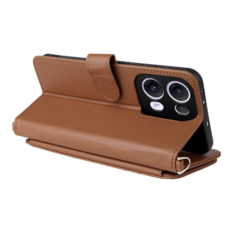 For Oppo Reno13 Pro 5G Wallet Case with Shoulder / Wrist Strap Leather Phone Cover Stand - Brown