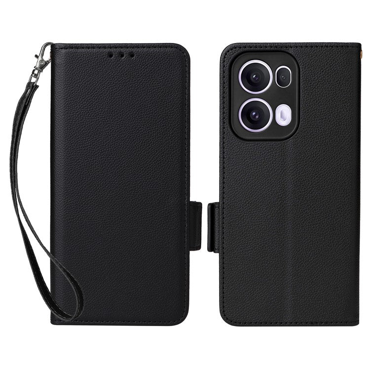 For Oppo Reno13 Pro 5G Case with Wrist Strap Litchi Texture PU Leather Wallet Phone Cover - Black