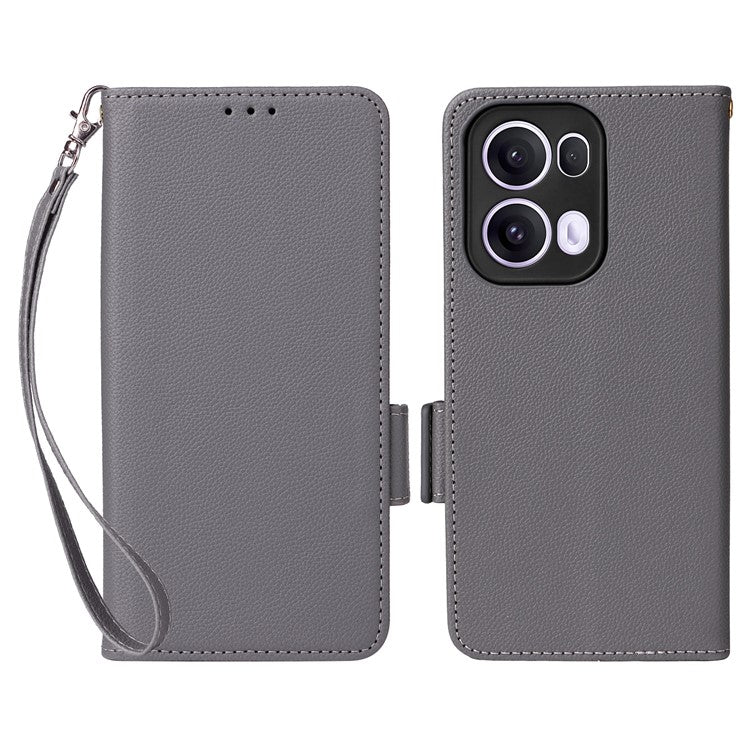 For Oppo Reno13 Pro 5G Case with Wrist Strap Litchi Texture PU Leather Wallet Phone Cover - Grey