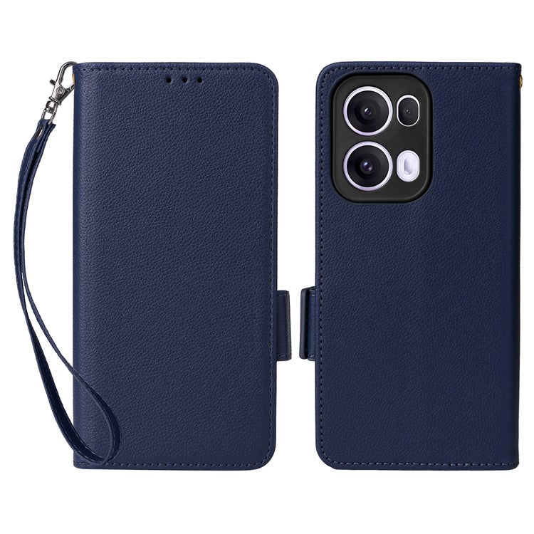 For Oppo Reno13 Pro 5G Case with Wrist Strap Litchi Texture PU Leather Wallet Phone Cover - Dark Blue