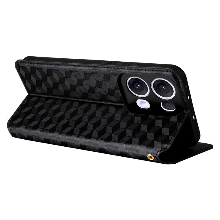 For Oppo Reno13 Pro 5G Wallet Case Rhombus Imprinted Leather Phone Cover - Black