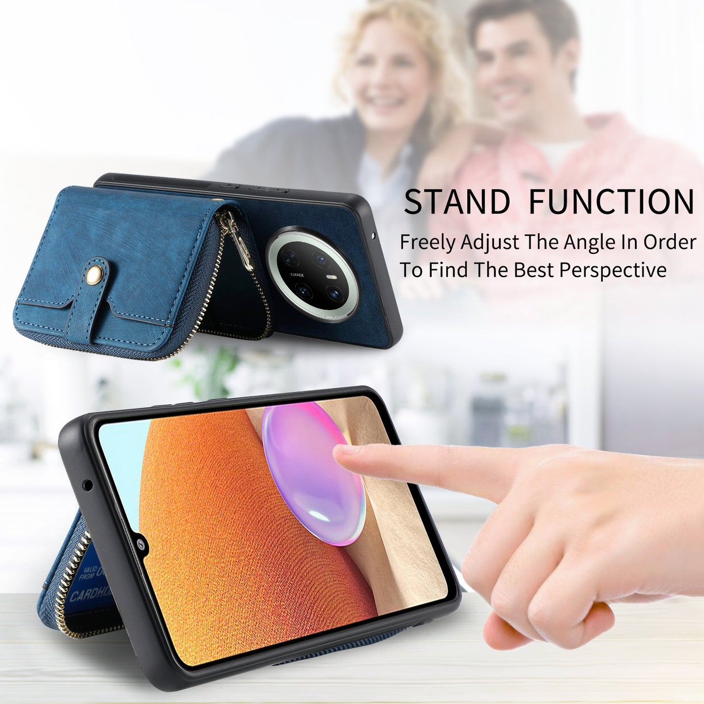 For Huawei Mate 70 PU Leather Phone Back Cover with Zipper Card Holder and Long Strap - Blue