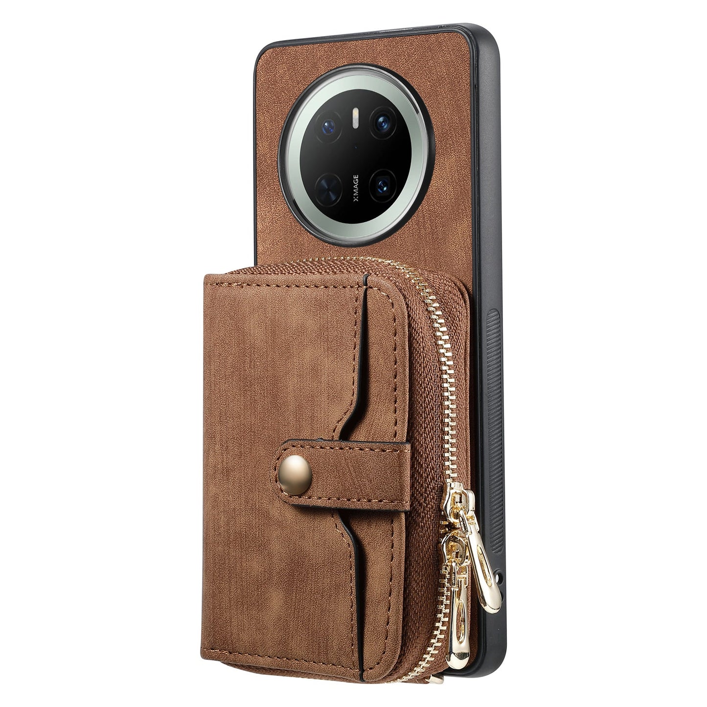 For Huawei Mate 70 PU Leather Phone Back Cover with Zipper Card Holder and Long Strap - Brown
