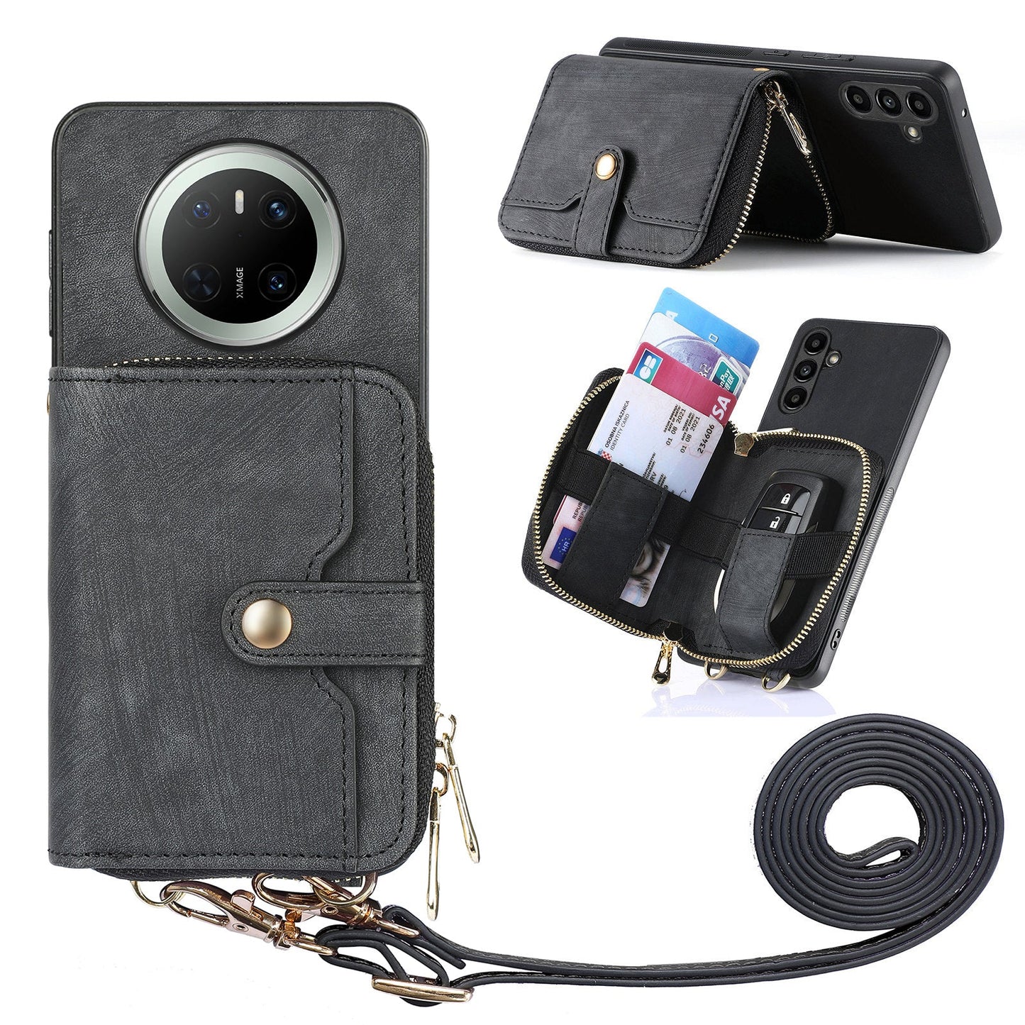 For Huawei Mate 70 PU Leather Phone Back Cover with Zipper Card Holder and Long Strap - Black