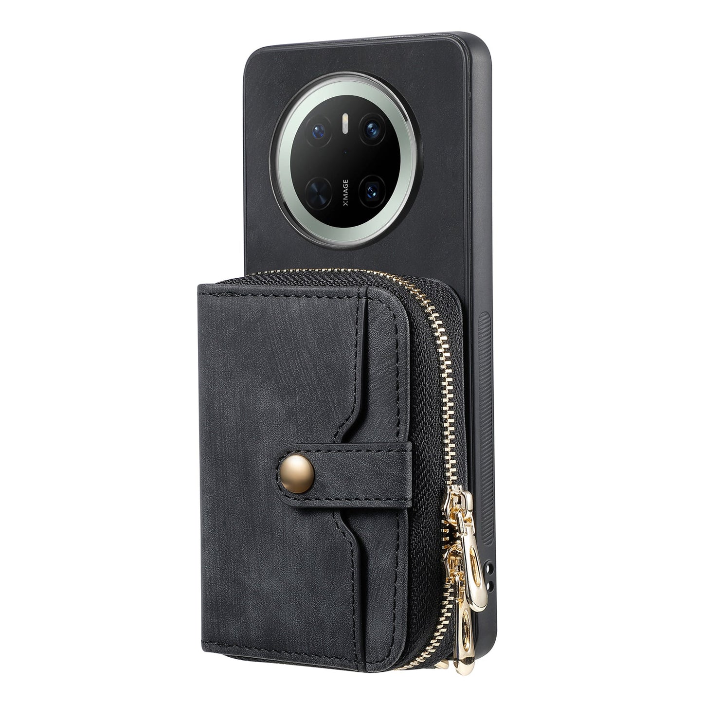 For Huawei Mate 70 PU Leather Phone Back Cover with Zipper Card Holder and Long Strap - Black