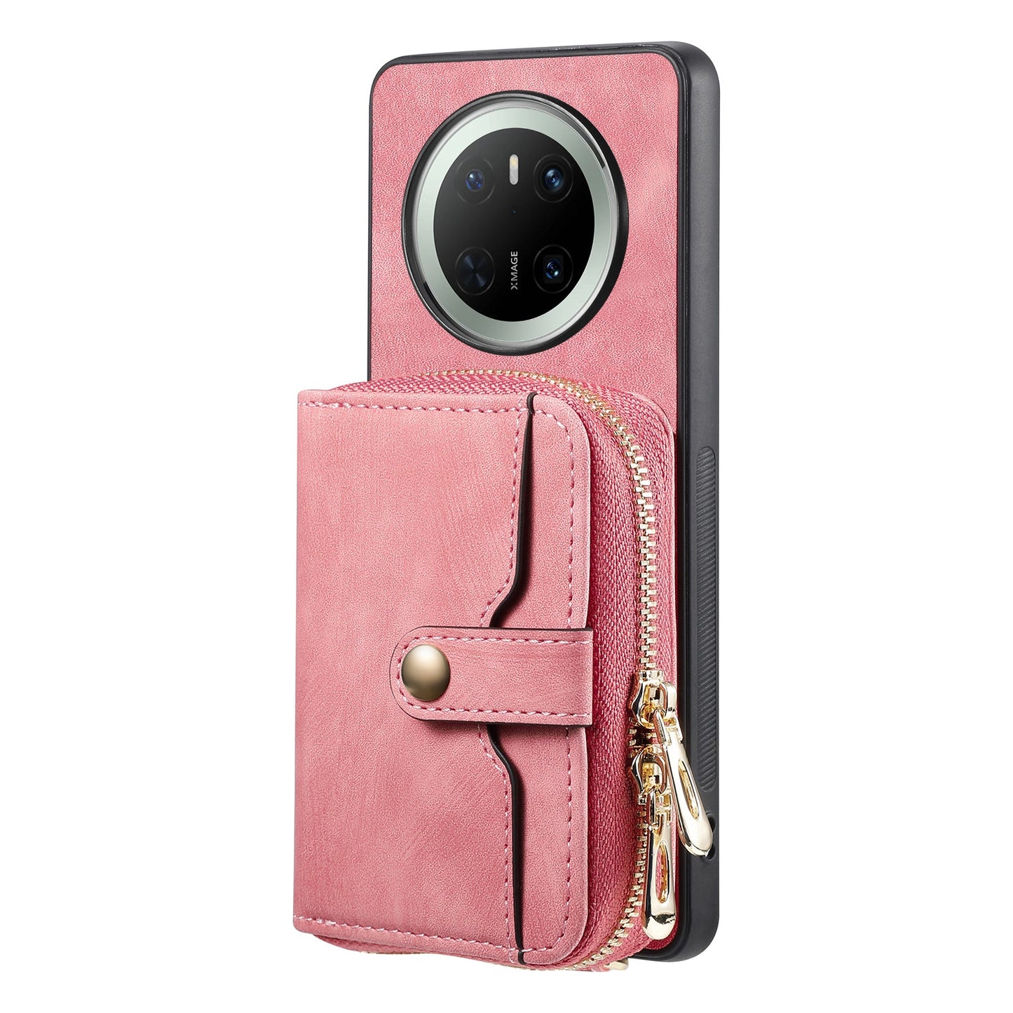 For Huawei Mate 70 PU Leather Phone Back Cover with Zipper Card Holder and Long Strap - Pink