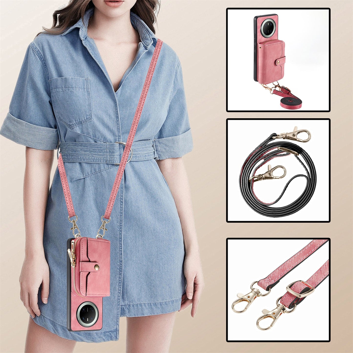 For Huawei Mate 70 PU Leather Phone Back Cover with Zipper Card Holder and Long Strap - Pink