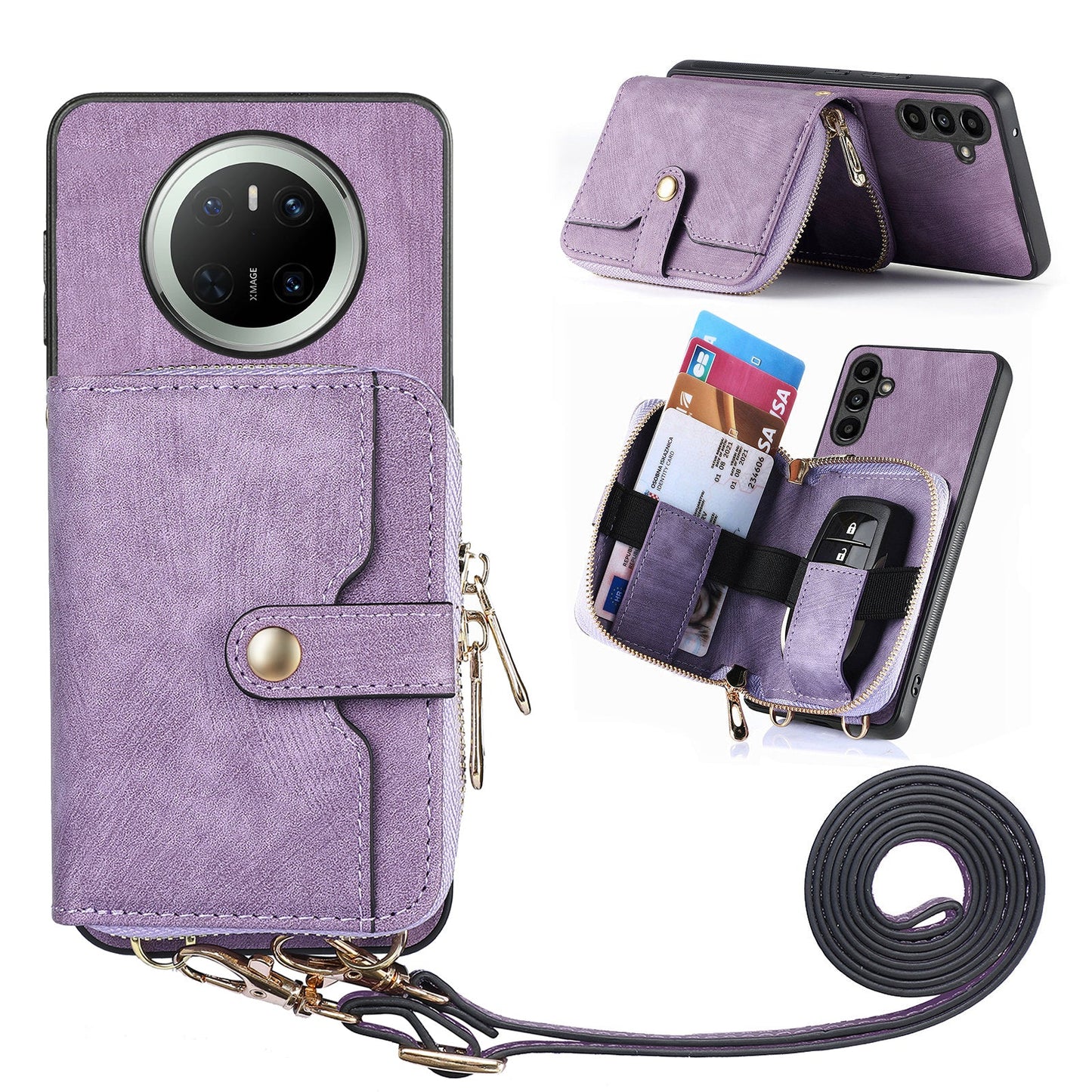 For Huawei Mate 70 PU Leather Phone Back Cover with Zipper Card Holder and Long Strap - Purple