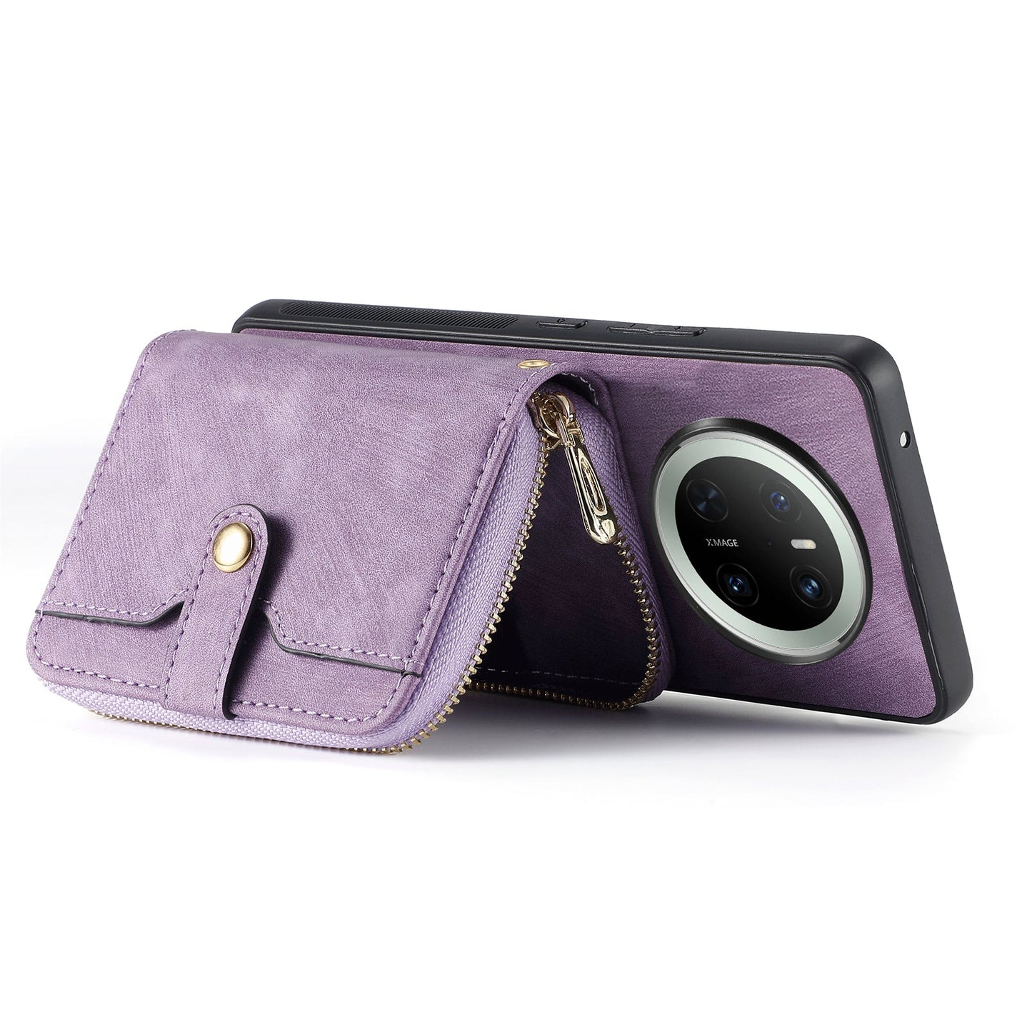 For Huawei Mate 70 PU Leather Phone Back Cover with Zipper Card Holder and Long Strap - Purple