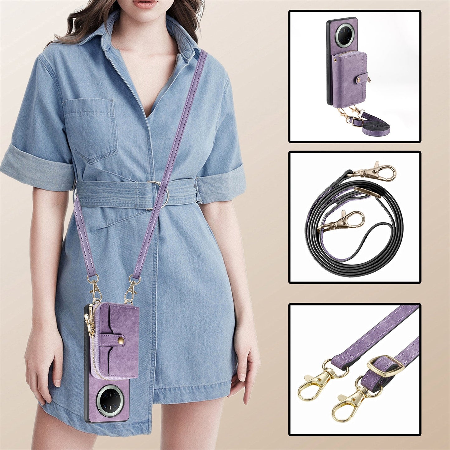 For Huawei Mate 70 PU Leather Phone Back Cover with Zipper Card Holder and Long Strap - Purple