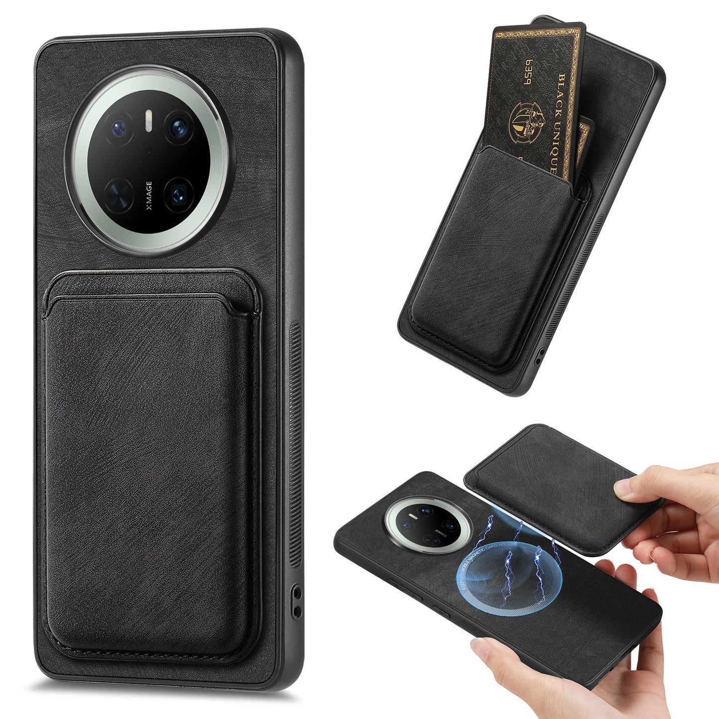 For Huawei Mate 70 Case Retro Leather TPU Phone Back Cover with Detachable Card Slot - Black