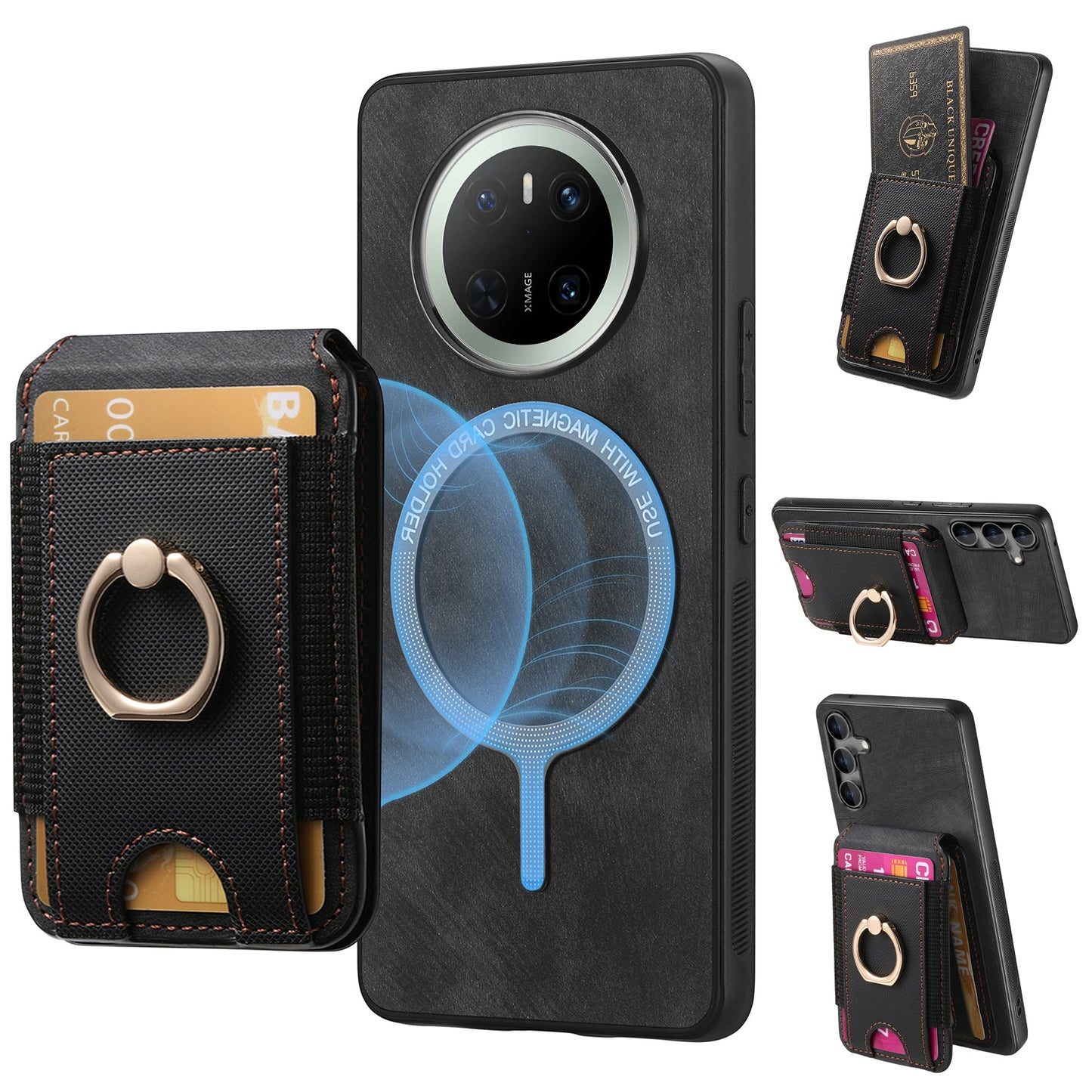 For Huawei Mate 70 Leather Back Cover with Detachable Card Holder Kickstand - Black