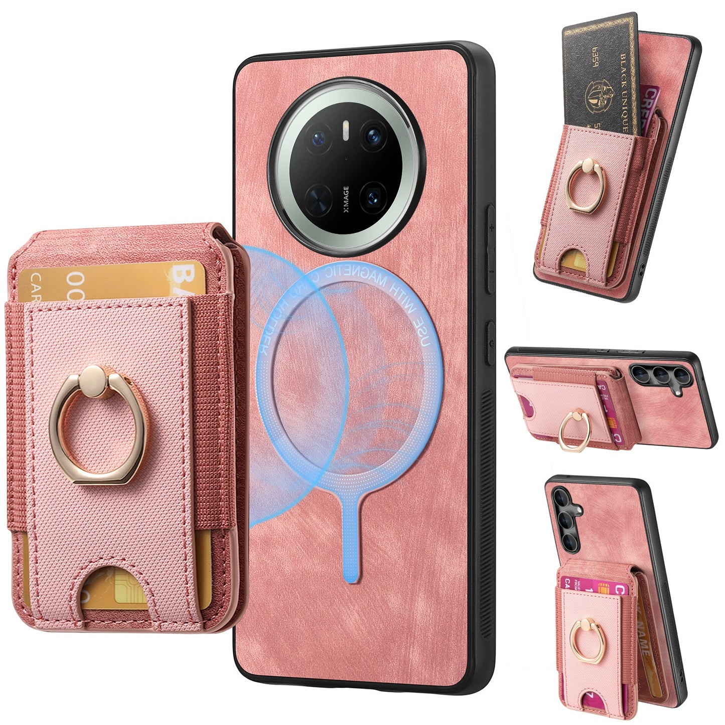 For Huawei Mate 70 Leather Back Cover with Detachable Card Holder Kickstand - Pink
