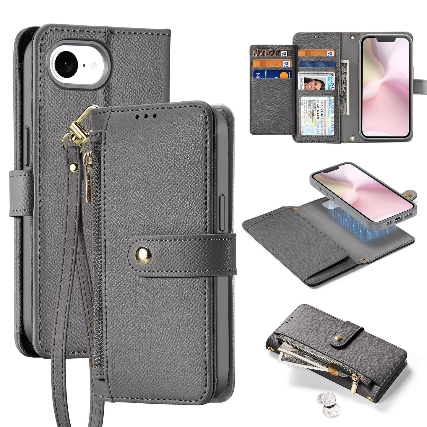 For iPhone SE (2025) Case DUX DUCIS Lawa Series Detachable Magnetic Cowhide Leather Cover Zipper Wallet - Grey