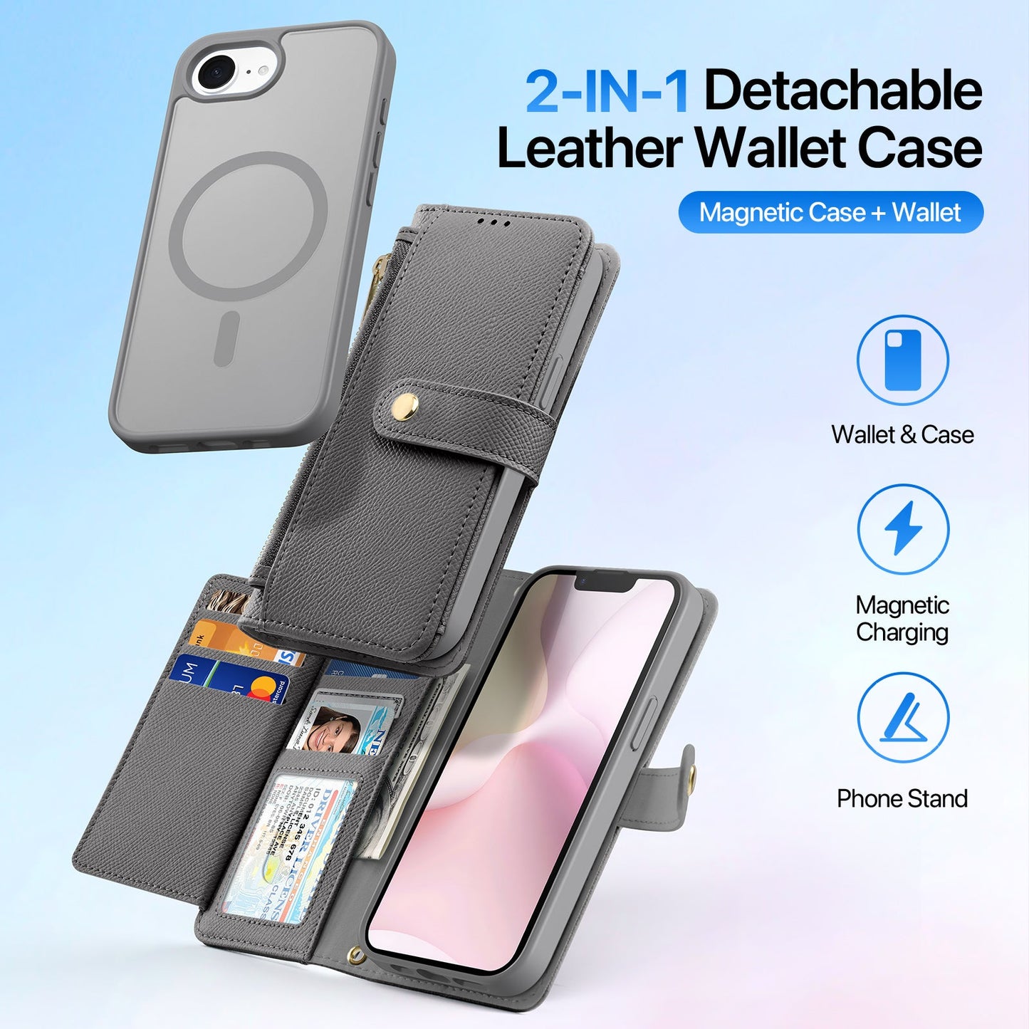 For iPhone SE (2025) Case DUX DUCIS Lawa Series Detachable Magnetic Cowhide Leather Cover Zipper Wallet - Grey