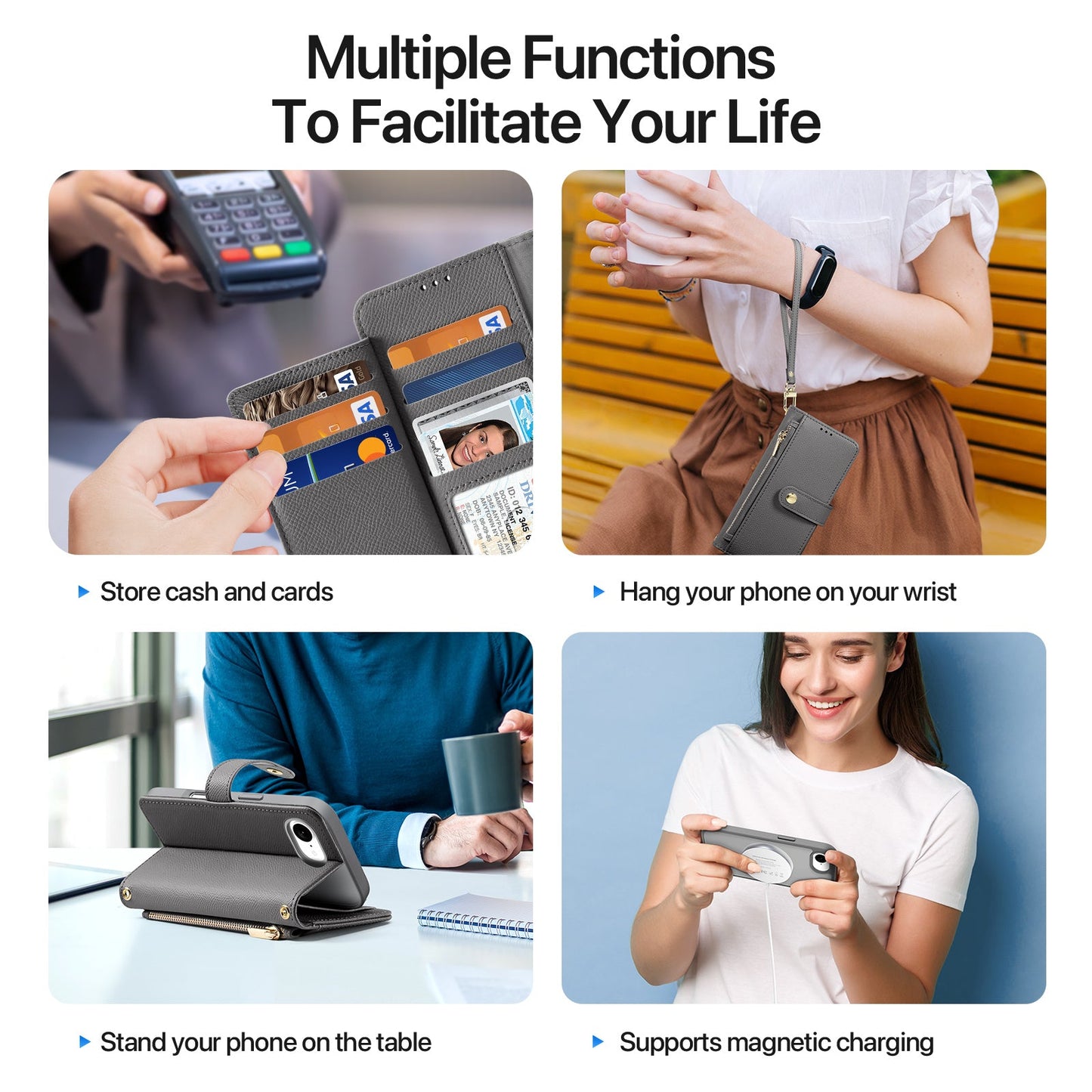 For iPhone 16e Case DUX DUCIS Lawa Series Detachable Magnetic Cowhide Leather Cover Zipper Wallet - Grey