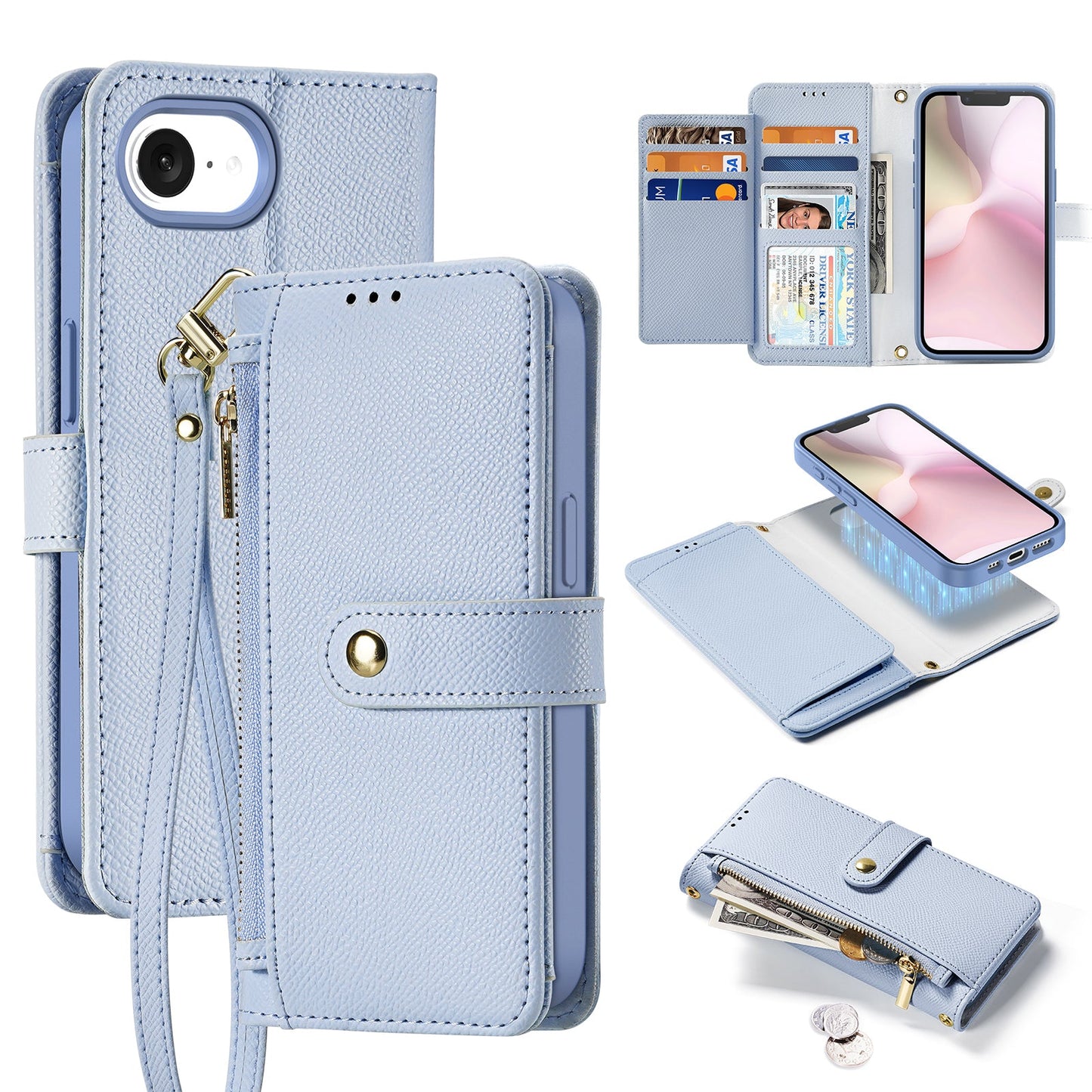 For iPhone 16e Case DUX DUCIS Lawa Series Detachable Magnetic Cowhide Leather Cover Zipper Wallet - Light Blue