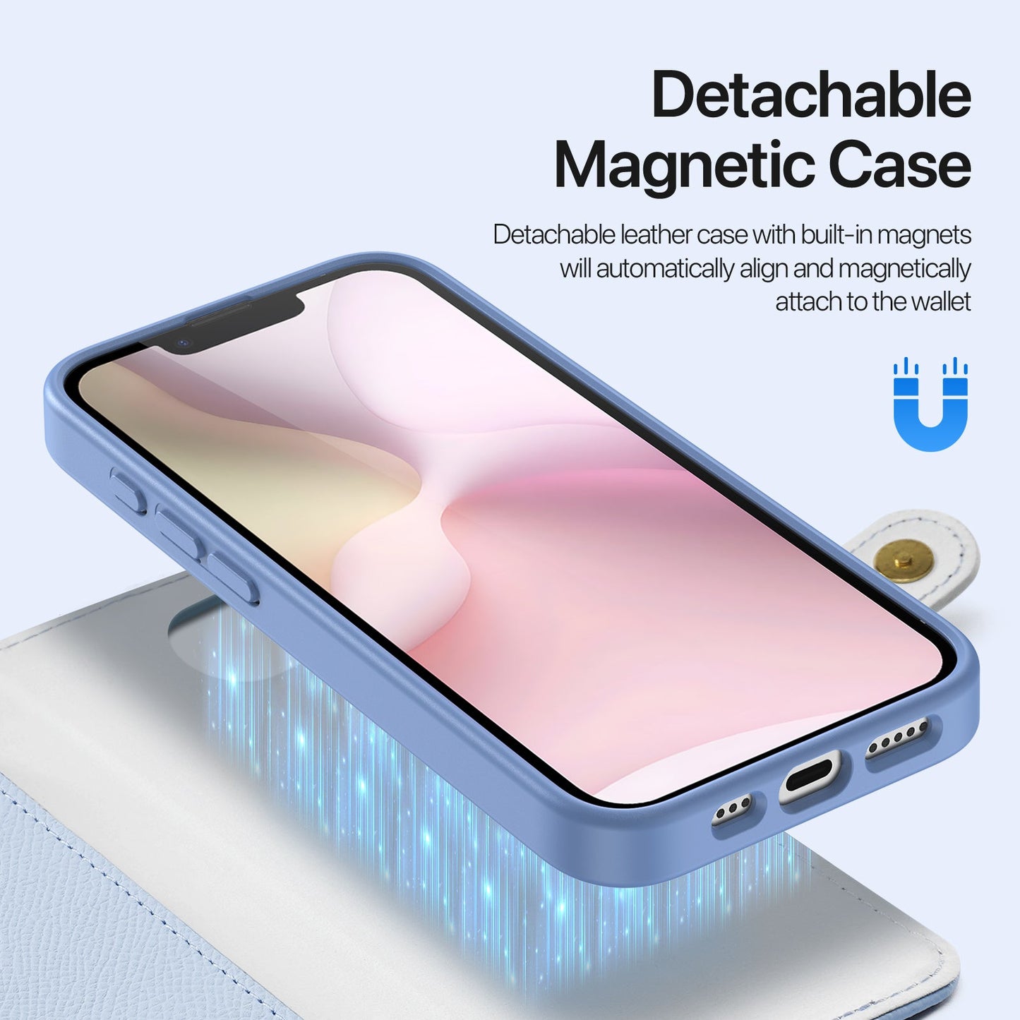 For iPhone 16e Case DUX DUCIS Lawa Series Detachable Magnetic Cowhide Leather Cover Zipper Wallet - Light Blue