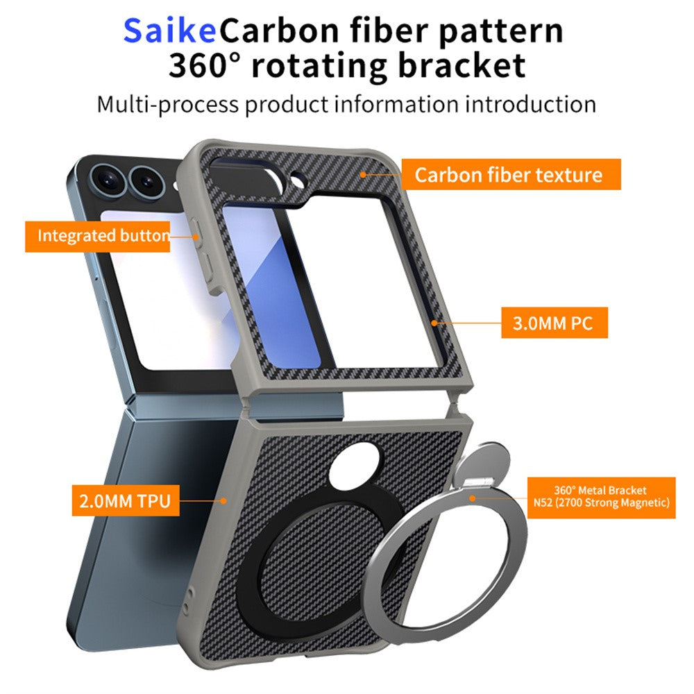 For Samsung Galaxy Z Flip7 FE 5G / Z Flip6 5G / Z Flip5 5G Phone Case with Magnetic Kickstand TPU + PC Carbon Fiber Back Cover - Grey