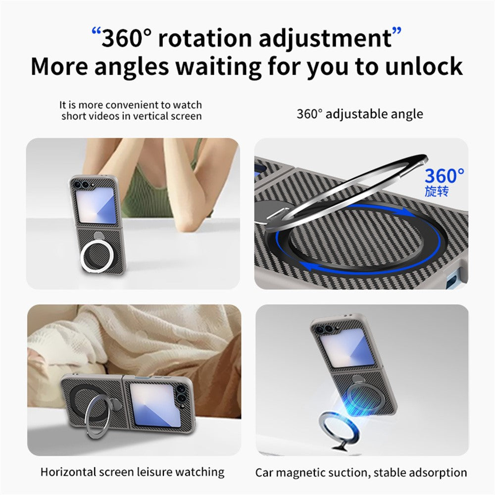 For Samsung Galaxy Z Flip7 FE 5G / Z Flip6 5G / Z Flip5 5G Phone Case with Magnetic Kickstand TPU + PC Carbon Fiber Back Cover - Grey