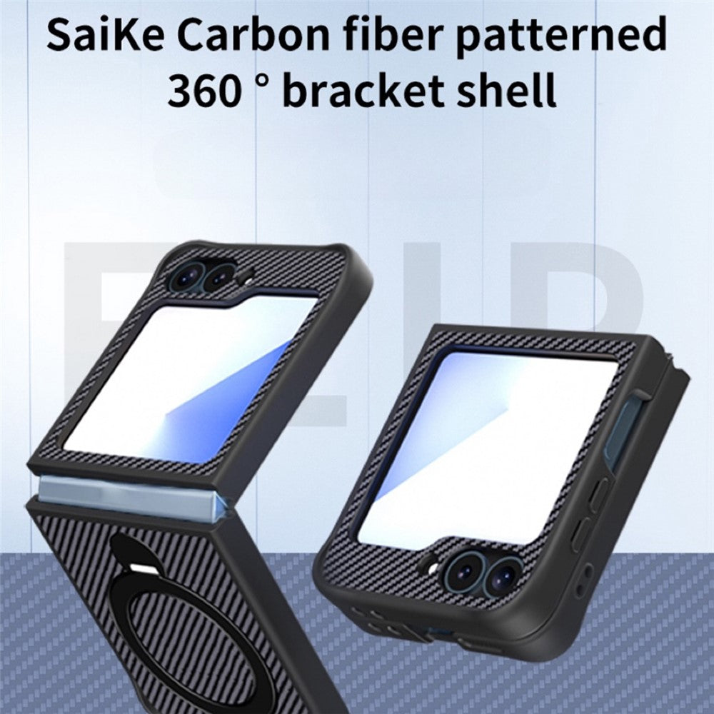 For Samsung Galaxy Z Flip7 FE 5G / Z Flip6 5G / Z Flip5 5G Phone Case with Magnetic Kickstand TPU + PC Carbon Fiber Back Cover - Brown