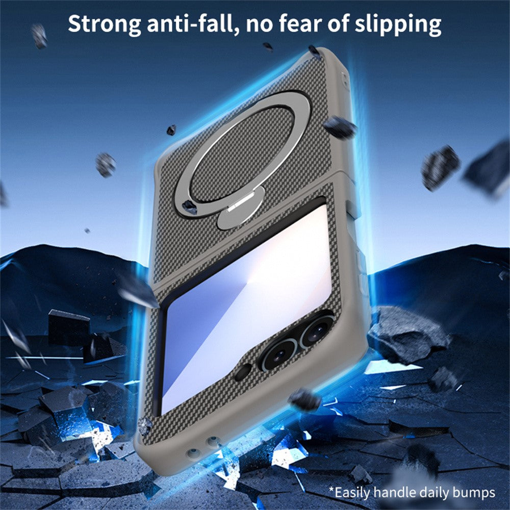 For Samsung Galaxy Z Flip7 FE 5G / Z Flip6 5G / Z Flip5 5G Phone Case with Magnetic Kickstand TPU + PC Carbon Fiber Back Cover - Brown