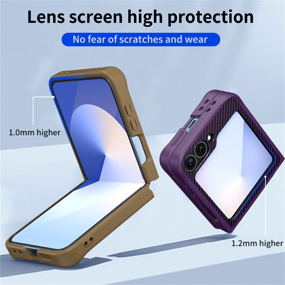 For Samsung Galaxy Z Flip7 FE 5G / Z Flip6 5G / Z Flip5 5G Phone Case with Magnetic Kickstand TPU + PC Carbon Fiber Back Cover - Brown