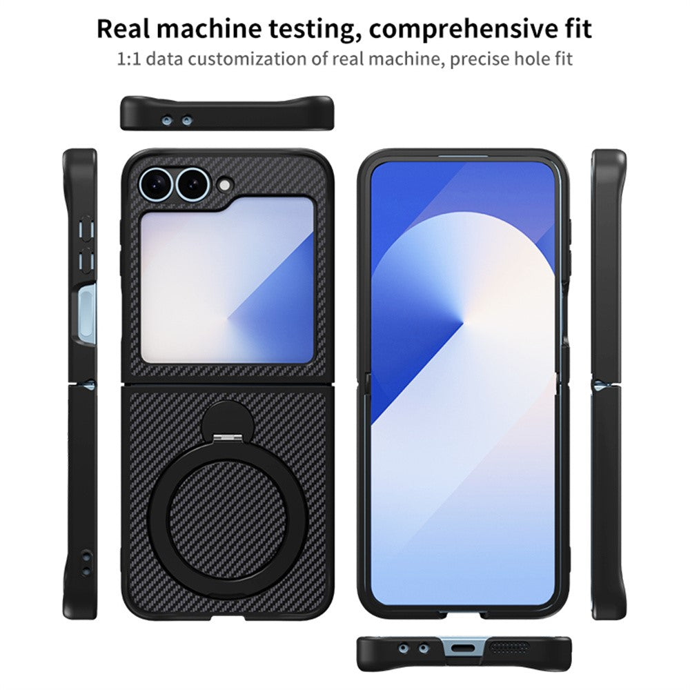 For Samsung Galaxy Z Flip7 FE 5G / Z Flip6 5G / Z Flip5 5G Phone Case with Magnetic Kickstand TPU + PC Carbon Fiber Back Cover - Brown