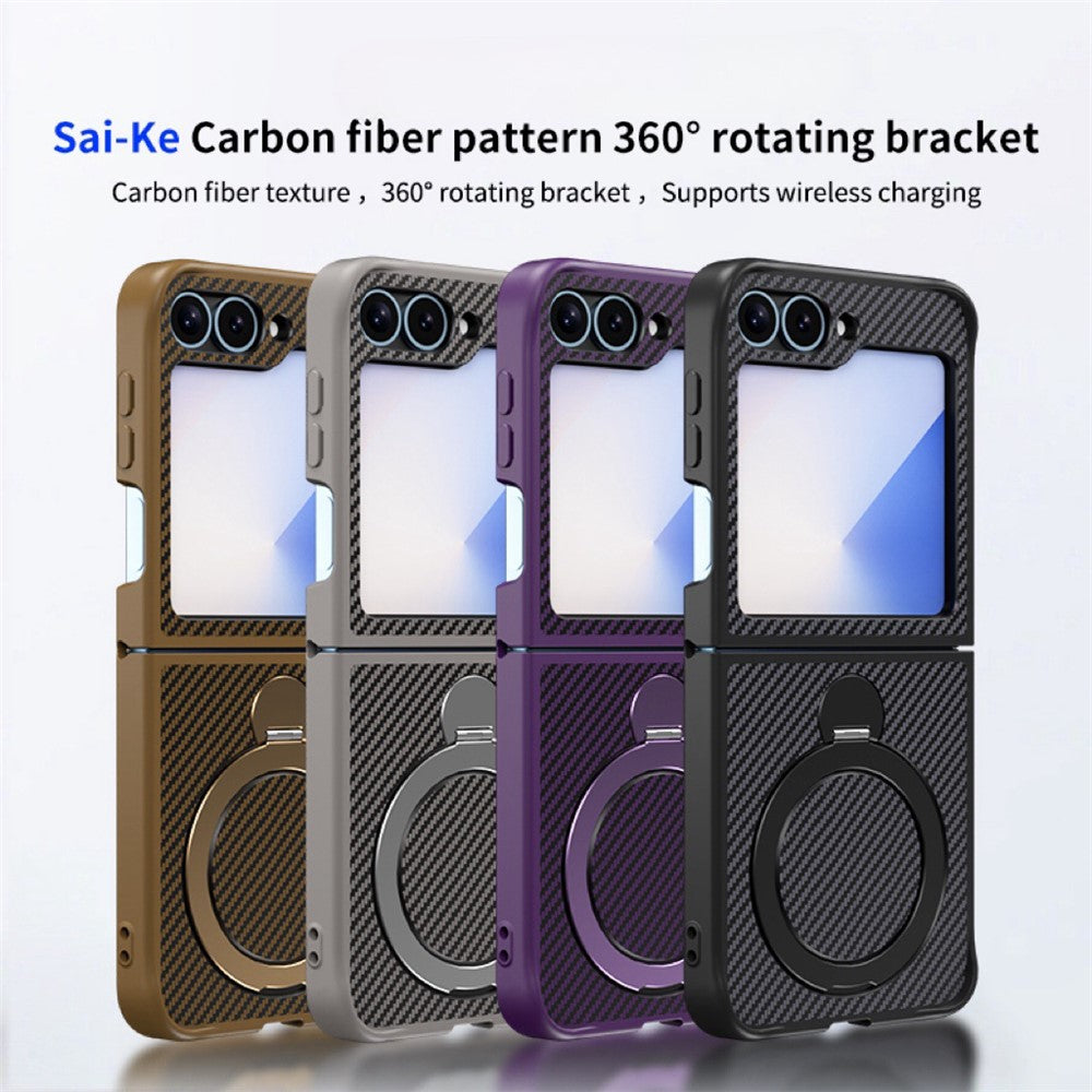For Samsung Galaxy Z Flip7 FE 5G / Z Flip6 5G / Z Flip5 5G Phone Case with Magnetic Kickstand TPU + PC Carbon Fiber Back Cover - Brown
