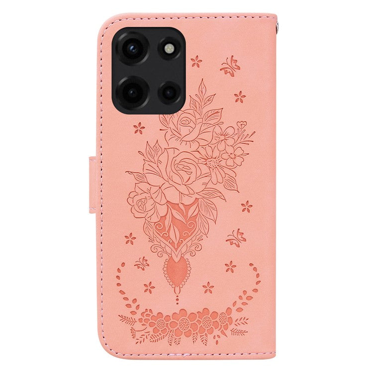 For Motorola Moto G 5G (2025) Case PU Leather Wallet Phone Cover Butterfly Flower Imprint - Pink