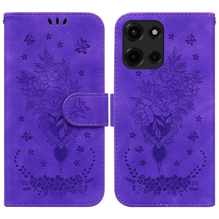 For Motorola Moto G 5G (2025) Case PU Leather Wallet Phone Cover Butterfly Flower Imprint - Purple