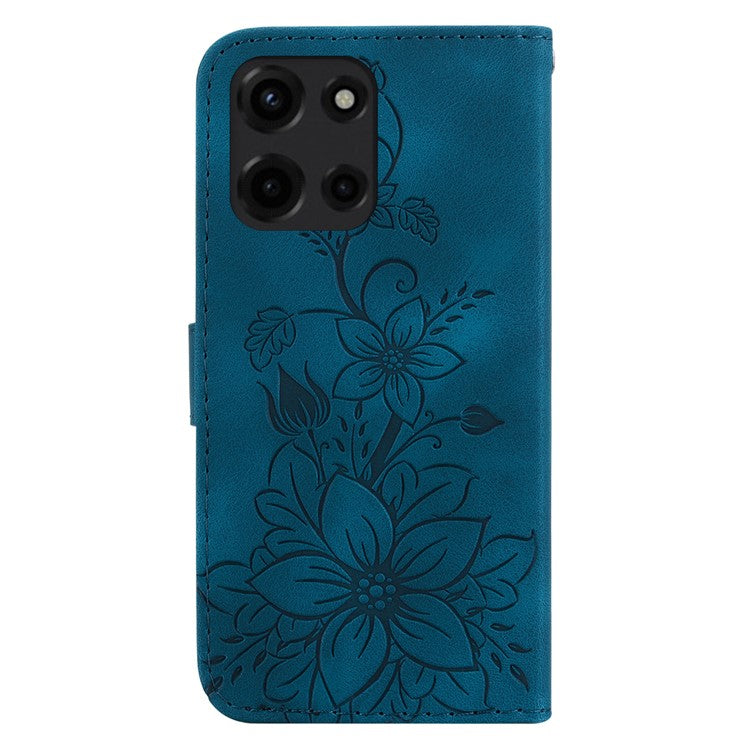 For Motorola Moto G 5G (2025) Case Lily Flower Imprint Leather Phone Cover with Stand - Dark Blue